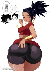 Rule 34 | 1boy, 2girls, ass, bike shorts, black eyes, black hair, black shorts, blush, breasts, bunkwizard, cabba, cameltoe, caulifla, closed mouth, covered erect nipples, cowboy shot, dragon ball, dragon ball super, earrings, english text, feet, foot focus, from behind, hoop earrings, huge ass, impossible clothes, jewelry, kale (dragon ball), looking at viewer, looking back, matching hair/eyes, medium breasts, midriff, multiple girls, ponytail, red shirt, red skirt, shirt, short ponytail, shorts, simple background, skindentation, skirt, standing, sweat, tears, white background