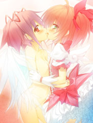 Rule 34 | 2girls, :d, ahoge, angel wings, arm grab, blush, bow, breast press, breasts, bubble skirt, cardcaptor sakura, choker, cosplay, crossover, dress, embarrassed, face-to-face, flat chest, frills, gloves, green eyes, groin, hair between eyes, hair bow, hair intakes, hair ribbon, hug, imminent kiss, kamitsurugi ouka, kaname madoka, kaname madoka (cosplay), kinomoto sakura, kiss, looking at viewer, looking back, magical girl, mahou shoujo madoka magica, mahou shoujo madoka magica (anime), multiple girls, naughty face, navel, nude, open mouth, orange hair, pink eyes, pink hair, profile, red eyes, ribbon, short dress, short hair, short twintails, sidelocks, skirt, small breasts, smile, spoilers, standing, symmetrical docking, transparent, twintails, white gloves, wings, yuri