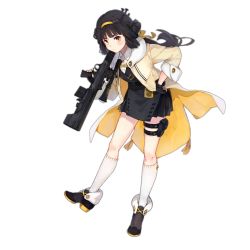 Rule 34 | 1girl, black gloves, black hair, black skirt, black vest, blush, breasts, bullpup, coat, collared shirt, double bun, fingerless gloves, full body, fur-trimmed coat, fur trim, girls&#039; frontline, gloves, gun, hair bun, hair ribbon, hairband, hand on own hip, holding, holding gun, holding weapon, imoko (imonatsuki), leaning forward, long hair, looking at viewer, low ponytail, open clothes, open coat, pouch, qbu-88, qbu-88 (girls&#039; frontline), ribbon, rifle, scope, shirt, shoes, sidelocks, skirt, small breasts, sniper rifle, thigh strap, transparent background, v-shaped eyebrows, vest, weapon, white shirt, yellow coat, yellow eyes, yellow hairband, yellow ribbon