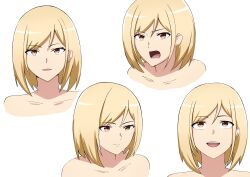 Rule 34 | :d, bare shoulders, blonde hair, brown eyes, closed mouth, collarbone, commentary, completely nude, expressions, eyebrows hidden by hair, hall onon, highres, looking at viewer, looking up, lower teeth only, nude, open mouth, original, short hair, smile, swept bangs, teeth, upper teeth only, white background, yarei himi (hall onon)