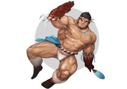 Rule 34 | 1boy, abs, absurdres, bara, bulge, clothes down, fangs, full body, fundoshi, hachimaki, hand fan, headband, highres, holding, holding fan, japanese clothes, large pectorals, long sideburns, looking at viewer, magatama, magatama necklace, male focus, mature male, muscular, muscular male, necklace, nejiri hachimaki, nipples, pectorals, sarashi, short hair, sideburns, smile, solo, stomach, tajikarao (housamo), thick thighs, thighs, tokyo houkago summoners, traver009