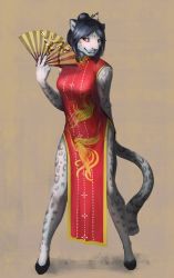 Rule 34 | 1girl, artist request, black hair, cat, chinese clothes, copyright request, hand fan, furry, highres, leopard, red eyes, short hair, snow leopard