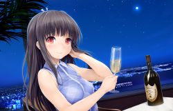 Rule 34 | 1girl, adjusting hair, alcohol, black hair, blue dress, blush, bottle, breasts, chair, champagne, champagne flute, city, closed mouth, cup, dress, drinking glass, game cg, hand up, highres, holding, ishikei, long hair, looking at viewer, love cube, night, outdoors, plant, red eyes, shitaka iori, sitting, sky, sleeveless, sleeveless dress, small breasts, smile, solo, table, upper body, window