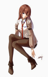 Rule 34 | 1girl, absurdres, black shorts, blue eyes, brown footwear, brown hair, brown pantyhose, closed mouth, collared shirt, full body, hair between eyes, head tilt, highres, invisible chair, pantyhose under shorts, long hair, looking at viewer, makise kurisu, necktie, pantyhose, red necktie, shirt, short shorts, shorts, signature, simple background, sitting, solo, steins;gate, straight hair, unique (pixiv12704744), white background, white shirt, wing collar