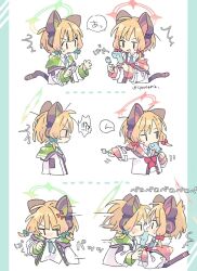 Rule 34 | !?, 2girls, 3koma, animal ear headphones, animal ears, blonde hair, blue archive, blue bow, blue necktie, blush, bow, cat ear headphones, cat tail, closed mouth, comic, commentary request, double popsicle, fake animal ears, fake tail, food, green halo, hair bow, halo, headphones, highres, incest, jacket, long sleeves, midori (blue archive), momoi (blue archive), multiple girls, naguru (cyoroama), necktie, nose blush, open mouth, pink bow, pink halo, popsicle, shirt, short hair, siblings, sisters, sound effects, tail, twincest, twins, unequal popsicle division, white jacket, white shirt, wide sleeves, yuri