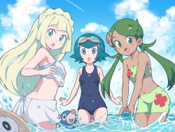 Rule 34 | 3girls, :o, armpits, arms at sides, back, bikini, blonde hair, blue eyes, blue hair, blue sky, braid, bright pupils, cloud, cloudy sky, collarbone, commentary request, cowboy shot, creatures (company), crown braid, dark-skinned female, dark skin, day, game freak, gen 7 pokemon, goggles, goggles on head, green eyes, green hair, hair ornament, hand up, highres, lana (pokemon), lillie (pokemon), long hair, looking at viewer, mallow (pokemon), multiple girls, navel, nintendo, one-piece swimsuit, open mouth, outdoors, outstretched arms, pokemon, pokemon (anime), pokemon (creature), pokemon sm (anime), popplio, rowlet, school swimsuit, sky, smile, splashing, standing, stomach, strap gap, swept bangs, swimsuit, trial captain, twintails, wading, water, white pupils, yokoyoko (nazonazo)