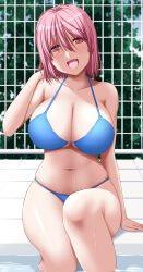Rule 34 | 1girl, bare arms, bare legs, bare shoulders, bikini, blue bikini, blush, breasts, cleavage, collarbone, feet out of frame, hair between eyes, highres, large breasts, looking at viewer, navel, nori tamago, open mouth, pink hair, red eyes, saigyouji yuyuko, short hair, sitting, smile, solo, swimsuit, touhou