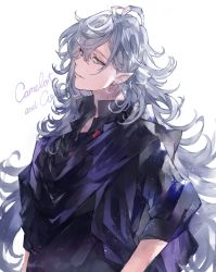 Rule 34 | 1boy, black shirt, earrings, fate/grand order, fate (series), from side, glint, grey eyes, grey hair, jewelry, long hair, long sleeves, looking at viewer, looking to the side, male focus, merlin (camelot &amp; co) (fate), merlin (fate), parted lips, pointy ears, purple robe, robe, shirt, smile, solo, very long hair, waltz (tram)