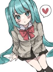Rule 34 | 1girl, :o, aqua eyes, aqua hair, arm support, between legs, black skirt, black socks, blouse, blush, bow, bowtie, clothing request, collared shirt, commentary, from above, hand between legs, hatsune miku, heart, highres, kneehighs, long hair, looking at viewer, looking up, parted lips, red bow, red bowtie, shirt, simple background, sitting, sk duki, skirt, socks, solo, spoken heart, twintails, very long hair, vocaloid, white background, white shirt