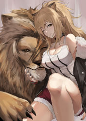 Rule 34 | 1girl, ;), absurdres, animal, animal ears, arknights, bare shoulders, black choker, black jacket, black nails, breasts, brown eyes, brown hair, choker, commentary request, feet out of frame, fur-trimmed jacket, fur-trimmed shorts, fur trim, highres, hotate-chan, jacket, knee up, large breasts, lion, lion ears, long hair, looking at viewer, nail polish, off shoulder, one eye closed, partial commentary, red shorts, short shorts, shorts, siege (arknights), sitting, smile, tank top, thighs, white tank top