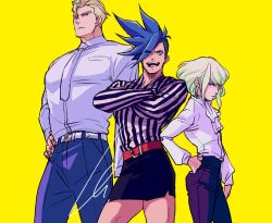 Rule 34 | 3boys, ascot, blonde hair, blouson chiemi, blouson chiemi (cosplay), blue hair, bob cut, commentary, contrapposto, cosplay, cowboy shot, crossdressing, crossed arms, galo thymos, green hair, hand on own hip, kray foresight, lio fotia, looking at another, miniskirt, multiple boys, promare, shirt, simple background, skirt, spiked hair, striped clothes, striped shirt, yellow background