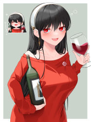 Rule 34 | 1girl, :d, ^ ^, alcohol, bare shoulders, black hair, blush, border, bottle, breasts, chibi, closed eyes, commentary request, cup, drinking glass, drunk, earrings, gold earrings, hairband, hand up, hands up, highres, holding, holding bottle, holding cup, jewelry, large breasts, long hair, looking at viewer, multiple views, off-shoulder sweater, off shoulder, open mouth, red sweater, smile, spy x family, squeans, straight hair, sweater, translated, tyaaaaaaba, upper body, white border, white hairband, wine, wine bottle, wine glass, yor briar