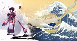 Rule 34 | boat, dragon, fate/grand order, fate (series), fine art parody, hiiragi (karashriker), ink, japanese clothes, kanagawa okinami ura, katsushika hokusai (fate), kimono, octopus, paintbrush, painting (action), parody, purple hair, watercraft, waving