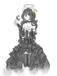 Rule 34 | 1girl, alice (bendy and the ink machine), bendy and the ink machine, black hair, breasts, choker, cleavage, detached sleeves, dress, gloves, hair over one eye, horns, legs, lolita fashion, moon, ribbon