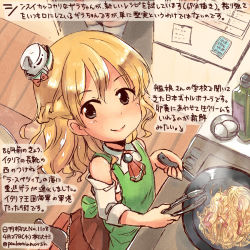 Rule 34 | 10s, 2girls, akagi (kancolle), apron, ascot, blonde hair, brown eyes, collared shirt, commentary request, cooking, dated, detached sleeves, food, frying pan, hat, kantai collection, kirisawa juuzou, long hair, mini hat, multiple girls, red ascot, shirt, smile, traditional media, translation request, twitter username, white shirt, zara (kancolle)