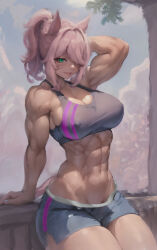 Rule 34 | 1girl, abs, absurdres, animal ears, arms behind head, biceps, breasts, cat ears, cat tail, covered erect nipples, final fantasy, final fantasy xiv, flexing, green eyes, gym shorts, highres, large breasts, leaning back, miqo&#039;te, muscular, muscular female, non-web source, outdoors, pink hair, ponytail, shorts, sitting, skindentation, solo, source request, sports bra, sportswear, tail, thick thighs, thighs
