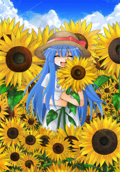 Rule 34 | 1girl, :d, blue hair, blue sky, blunt bangs, blush, bow, closed eyes, cloud, commentary request, contrail, cowboy shot, day, dress, facing viewer, flower, furude rika, hair between eyes, hat, hat bow, highres, higurashi no naku koro ni, holding, holding flower, long bangs, long hair, open mouth, outdoors, red bow, short sleeves, sidelocks, sky, smile, solo, straight-on, straw hat, sunflower, tsurime suki, very long hair, white dress, yellow flower