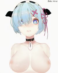 Rule 34 | 1girl, animal ears, animal print, artist name, bad id, bad pixiv id, blue eyes, blue hair, breasts, chinese commentary, closed mouth, collar, collarbone, commentary request, cow ears, cow print, cum, facial, fake animal ears, hair ornament, hair over one eye, hair ribbon, headdress, highres, lactation, large breasts, looking at viewer, nipples, pink ribbon, print headwear, re:zero kara hajimeru isekai seikatsu, redooo, rem (re:zero), ribbon, short hair, simple background, solo, tag, translation request, upper body, white background, x hair ornament