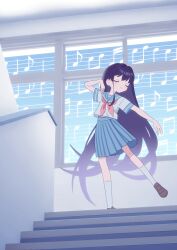 Rule 34 | 1girl, absurdres, blue sailor collar, blue skirt, brown footwear, closed eyes, closed mouth, commentary request, dancing, facing to the side, full body, hand up, highres, indoors, kneehighs, light blush, loafers, long hair, musical note, neckerchief, numamomi, original, outstretched arm, pleated skirt, purple hair, red neckerchief, sailor collar, school, school uniform, serafuku, shirt, shoes, short sleeves, skirt, smile, socks, solo, staff (music), stairs, stairwell, standing, standing on one leg, very long hair, white shirt, white socks, window