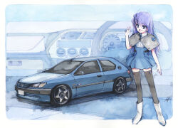 Rule 34 | 1girl, black thighhighs, blue eyes, blue hair, blue skirt, boots, capelet, car, car interior, flat chest, grey capelet, grey footwear, hi fumiyo, high-waist skirt, highres, long hair, motor vehicle, original, personification, peugeot, peugeot 306, ribbed sweater, shadow, signature, skirt, smile, solo, spoiler (automobile), sweater, thighhighs, traditional media, vehicle and personification, vehicle focus, very long hair, white sweater