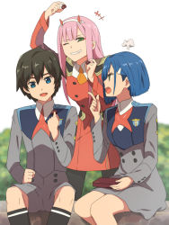 Rule 34 | +++, 10s, 1boy, 2girls, black hair, black legwear, blue eyes, blue hair, chiharu (9654784), commentary request, darling in the franxx, food theft, green eyes, hair ornament, hairband, hairclip, hiro (darling in the franxx), horns, ichigo (darling in the franxx), long hair, long sleeves, looking at another, looking at viewer, military, military uniform, multiple girls, necktie, one eye closed, orange neckwear, pantyhose, pink hair, red horns, red neckwear, short hair, shorts, smile, socks, straight hair, uniform, white hairband, zero two (darling in the franxx)