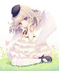 Rule 34 | 1girl, :o, animal, black footwear, black hat, breasts, bug, butterfly, commentary request, dress, feathered wings, final fantasy, final fantasy xiv, flower, grass, hands on own face, hat, head tilt, highres, insect, kurokuma (kuro kumagaya), lalafell, layered dress, light brown hair, mini hat, on grass, orange flower, parted lips, peaked cap, pointy ears, purple eyes, shoes, sitting, sleeveless, sleeveless dress, solo, thighhighs, wariza, white background, white dress, white thighhighs, white wings, wings