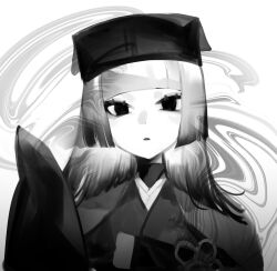 Rule 34 | 1girl, blunt bangs, blunt ends, chajinbou, cloak, dot nose, eyeliner, fate/grand order, fate (series), flower knot, gradient hair, greyscale, hand up, head tilt, highres, japanese clothes, kenne 28, kimono, looking at viewer, makeup, medium hair, monochrome, multicolored hair, obi, parted lips, portrait, sash, sen no rikyu (fate), sen no rikyu (second ascension) (fate), sleeves past fingers, sleeves past wrists, solid eyes, solo, swirl, tsurime, undershirt