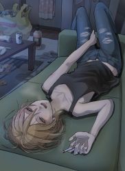 Rule 34 | 1girl, absurdres, beer can, blonde hair, can, cigarette, commentary, couch, denim, drink can, highres, huge filesize, indoors, jeans, looking at viewer, lying, on back, original, pants, rum, self-harm, short hair, smoking, solo, tabao, tank top, torn clothes, torn jeans, torn pants, trash, trash bag