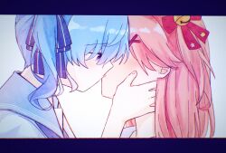Rule 34 | 2girls, bell, blue eyes, blue hair, blue ribbon, blue sailor collar, face-to-face, hair bell, hair ornament, hair ribbon, hand on another&#039;s face, highres, hololive, hoshimachi suisei, jingle bell, kiss, letterboxed, long hair, medium hair, multiple girls, pink hair, portrait, ribbon, sailor collar, sakura miko, side ponytail, simple background, star (symbol), star in eye, symbol in eye, virtual youtuber, white background, x hair ornament, yumi5469, yuri
