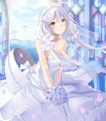 Rule 34 | 1girl, azur lane, bare shoulders, blue eyes, bouquet, breasts, cleavage, collarbone, dalimao, dress, elbow gloves, flower, gloves, hair flower, hair ornament, highres, holding, holding bouquet, illustrious (azur lane), illustrious (morning star of love and hope) (azur lane), lace, lace-trimmed dress, lace trim, large breasts, long hair, looking at viewer, low twintails, rose, smile, solo, strapless, strapless dress, tiara, twintails, v arms, wedding dress, white dress, white flower, white hair, white rose, wind