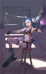 Rule 34 | absurdres, bikini, bikini top only, blue hair, boots, braid, bullet, flat chest, gloves, highres, jewelry, jinx (league of legends), league of legends, long hair, makeup, necklace, nose, open mouth, pink eyes, short shorts, shorts, swimsuit, takamitsu-kun, tattoo, twin braids, very long hair, weapon