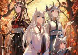Rule 34 | 4girls, animal ears, autumn, brown hair, forest, hand on hilt, hands in opposite sleeves, highres, horns, leaf, looking at viewer, looking down, looking up, maple leaf, multiple girls, nature, outstretched arms, parted lips, pixiv fantasia, pixiv fantasia t, red eyes, sishenfan, smile, tree, white hair, wide sleeves