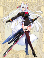 Rule 34 | 1girl, animal ear fluff, animal ears, black footwear, black gloves, black thighhighs, boots, bow, dairoku ryouhei, full body, garter straps, gloves, high heel boots, high heels, holding, holding sword, holding weapon, long hair, looking at viewer, official art, open mouth, pink eyes, red bow, red ribbon, ribbon, smile, solo, standing, sword, tail, thighhighs, ukamaru, very long hair, weapon, white hair
