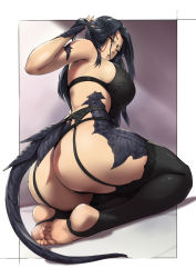Rule 34 | 1girl, artist request, ass, au ra, bare shoulders, black garter belt, black garter straps, black hair, black panties, black thighhighs, bra, breasts, commission, demon girl, fictional persona, final fantasy, final fantasy xiv, fingerless gloves, from below, garter belt, garter straps, gloves, hand in own hair, highres, huge ass, large breasts, long hair, looking at viewer, original, outside border, panties, shiny skin, sideboob, simple background, solo, stirrup legwear, tail, thighhighs, thighs, thong, toeless legwear, underwear, underwear only, warrior of light (ff14)