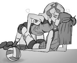Rule 34 | 2girls, alternate costume, ball, between legs, closed eyes, commentary, diana cavendish, from side, greyscale, hand on another&#039;s thigh, highres, imminent kiss, kagari atsuko, little witch academia, long hair, looking at another, macartura08, monochrome, multiple girls, simple background, sportswear, sweat, volleyball (object), volleyball uniform, white background, yuri