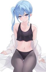 Rule 34 | 1girl, :/, absurdres, alternate costume, bare shoulders, black panties, black pantyhose, black shirt, blue eyes, blue hair, blush, closed mouth, commentary, cropped shirt, dot nose, fawny, feet out of frame, hair between eyes, hair ornament, head tilt, highleg, highleg panties, highres, hololive, hoshimachi suisei, legs together, long hair, long sleeves, looking at viewer, navel, off shoulder, open clothes, open shirt, panties, panties under pantyhose, pantyhose, raised eyebrows, shirt, side ponytail, sidelocks, simple background, sitting, sleeveless, sleeveless shirt, solo, stomach, underwear, virtual youtuber, white background, white shirt, x hair ornament