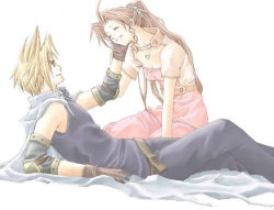 Rule 34 | 00s, 1boy, 1girl, 2000s (style), aerith gainsborough, alternate costume, beige jacket, belt, blonde hair, blue pants, blue shirt, breasts, brown hair, cape, cleavage, closed eyes, cloud strife, cropped jacket, dress, elbow pads, final fantasy, final fantasy vii, gloves, hand on another&#039;s cheek, jewelry, long dress, long hair, lowres, lying, necklace, pants, parted bangs, pink dress, ponytail, rendezvous, shirt, sidelocks, sitting, smile, spiked hair, square enix, white background, white cape