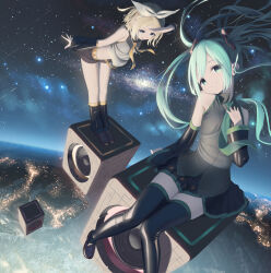 Rule 34 | 2girls, absurdres, aqua eyes, aqua hair, aqua necktie, bent over, black shorts, black skirt, blonde hair, boots, bow, commentary, detached sleeves, earth (planet), floating, floating object, galaxy, hair bow, hair ornament, hatsune miku, head tilt, highres, kagamine rin, leg warmers, long hair, looking at viewer, looking down, multiple girls, necktie, number tattoo, planet, raimeso235, sailor collar, shading eyes, shooting star, shorts, sitting, skirt, smile, space, standing, star (sky), tattoo, thigh boots, twintails, very long hair, vocaloid