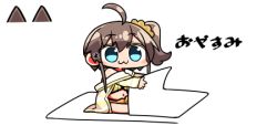 Rule 34 | 1girl, ahoge, animal ears, bare shoulders, brown hair, camisole, chibi, crop top, detached ears, futon, hair ornament, hair scrunchie, hololive, jacket, kanikama, long sleeves, lowres, natsuiro matsuri, natsuiro matsuri (matsuri&#039;s day off), navel, off shoulder, open clothes, open jacket, orange shorts, scrunchie, shorts, side ponytail, simple background, sitting, sleeves past wrists, solo, striped clothes, striped jacket, translated, under covers, virtual youtuber, white background, yellow camisole, yellow scrunchie