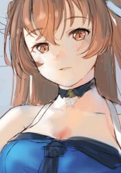 Rule 34 | 1girl, bikini, blue bikini, blush, breasts, brown eyes, brown hair, choker, cleavage, hair between eyes, hair ribbon, highres, johnston (kancolle), kantai collection, large breasts, long hair, looking at viewer, official alternate costume, ribbon, rom (rommmoon), simple background, sketch, solo, star (symbol), swimsuit, upper body
