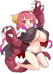 Rule 34 | 1girl, barefoot, blush, breasts, dragon girl, dragon horns, highres, horns, huge breasts, ilulu (maidragon), kneeling, kobayashi-san chi no maidragon, long hair, looking at viewer, navel, open mouth, pink hair, pointy ears, red eyes, red hair, shortstack, simple background, slit pupils, smile, solo, tail, twintails, unname