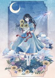 Rule 34 | 1girl, absurdres, barefoot, black hair, blue dress, blue flower, bouquet, closed mouth, cloud, cocoroppy, collared dress, commentary request, crescent moon, dress, floating hair, flower, full body, highres, holding, holding bouquet, holding flower, light smile, long hair, looking at viewer, moon, original, outside border, purple flower, red ribbon, ribbon, short sleeves, solo, standing, sunflower, white flower, yellow flower