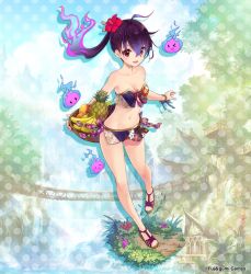 1girl banana fireball flower food fruit full_body hair_flower hair_ornament muramasa_(phantom_of_the_kill) open_mouth outdoors phantom_of_the_kill pineapple ponytail purple_hair red_eyes rinzo sandals standing swimsuit thighs