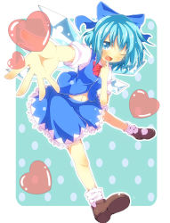Rule 34 | 1girl, blue eyes, blue hair, cirno, colorized, do (4-rt), fang, finger to mouth, hair ribbon, heart, highres, ice, ice wings, mary janes, matching hair/eyes, midriff, navel, one eye closed, open mouth, outstretched arm, outstretched hand, puffy sleeves, ribbon, shirt, shoes, short sleeves, skirt, skirt set, smile, solo, touhou, vest, wings, wink, yuimari