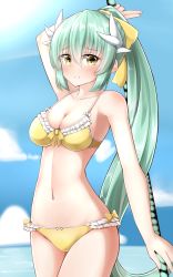 Rule 34 | 1girl, arm up, bikini, blue sky, blurry, blush, breasts, cleavage, closed mouth, cloud, cloudy sky, collarbone, cowboy shot, day, depth of field, dragon horns, fate/grand order, fate (series), frilled bikini, frills, hair between eyes, highres, hip focus, holding, holding weapon, horns, kiyohime (fate), kiyohime (fate/grand order), kiyohime (swimsuit lancer) (fate), kiyohime (swimsuit lancer) (first ascension) (fate), long hair, looking at viewer, medium breasts, moyoron, navel, ocean, outdoors, polearm, ponytail, sidelocks, sky, smile, solo, swimsuit, thighs, weapon, yellow bikini