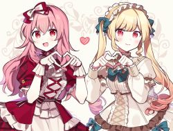 Rule 34 | 2girls, :d, blonde hair, blue bow, blue bowtie, blush, bow, bowtie, center frills, closed mouth, cross-laced clothes, dress, dress bow, fang, frilled dress, frills, hair bow, hairband, heart, heart hands, highres, himitsu no valentine daisakusen! (project sekai), lolita hairband, long hair, long sleeves, looking at viewer, momoi airi, multiple girls, official alternate costume, open mouth, pink eyes, pink hair, project sekai, puffy long sleeves, puffy short sleeves, puffy sleeves, red bow, red bowtie, red dress, short sleeves, sleeve cuffs, smile, tenma saki, twintails, very long hair, waka (wk4444), white dress, wrist cuffs