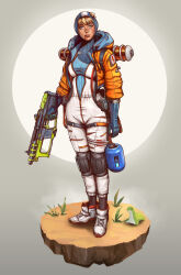 Rule 34 | 1girl, absurdres, apex legends, bandaid, bandaid on face, batter, belt, blood, blood from mouth, blue gloves, bodysuit, breasts, cable, commentary, covered collarbone, english commentary, full body, gloves, grass, gun, head tilt, highres, holding, holding gun, holding weapon, hood, hood down, hood up, hooded bodysuit, hooded jacket, jacket, lightning bolt symbol, medium breasts, nessie (respawn), orange jacket, parted lips, ribbed bodysuit, shoes, sneakers, solo, thigh belt, thigh strap, tmact, torn clothes, trigger discipline, wattson (apex legends), weapon, white bodysuit, white footwear