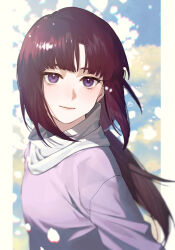 Rule 34 | 1girl, after war gundam x, artist logo, blurry, blurry background, brown hair, closed mouth, commentary request, eyelashes, falling petals, from side, gundam, highres, light smile, long hair, looking at viewer, low ponytail, outside border, petals, pillarboxed, purple eyes, purple shirt, shirt, solo, tiffa adill, turning head, upper body, ususio 11, very long hair