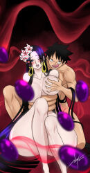 Rule 34 | 1boy, 1girl, black hair, blush, boa hancock, breasts, completely nude, earrings, elasticity, elizagm, facial scar, flower, grabbing, grabbing another&#039;s breast, hair flower, hair ornament, jewelry, large breasts, long hair, monkey d. luffy, nude, one eye closed, one piece, open mouth, purple hair, scar, scar on cheek, scar on face, short hair, signature, sitting, snake earrings, tongue, tongue out