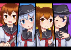 Rule 34 | 10s, 4girls, absurdres, akatsuki (kancolle), anchor symbol, black hair, black hat, blue eyes, blue hair, blush, brown eyes, brown hair, closed mouth, hair ornament, hairclip, hat, hibiki (kancolle), highres, ikazuchi (kancolle), inazuma (kancolle), jacy, kantai collection, long hair, looking at viewer, multiple girls, neckerchief, one eye closed, open mouth, parted lips, purple eyes, red neckerchief, short hair, sleeves past wrists, sleeves rolled up, smile